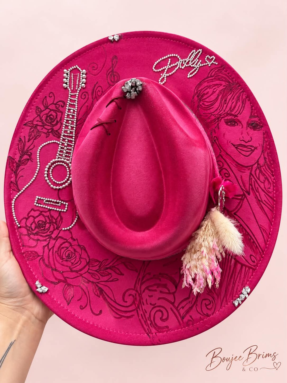 Handmade Dolly Parton Custom Pink Western Hat Rhinestone Guitar Floral Cowgirl